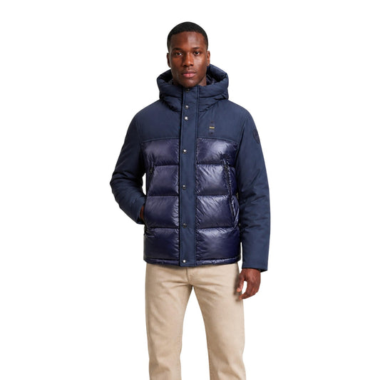 Giubbotto blu uomo Blauer. Brook 26WBLUC03069. Giambotto pesante invernale blu navy con finitura alternata lucida e opaca, cappuccio e chiusura zip e bottoni.