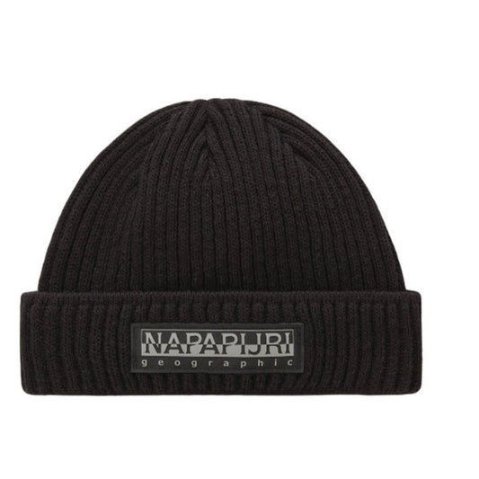 Berretto nero uomo Napapijri Vispa NP0A4HXM1761. Cappello da cuffia in maglia a coste nero con risvolto e patch logo in gomma Napapijri Made in Italy.