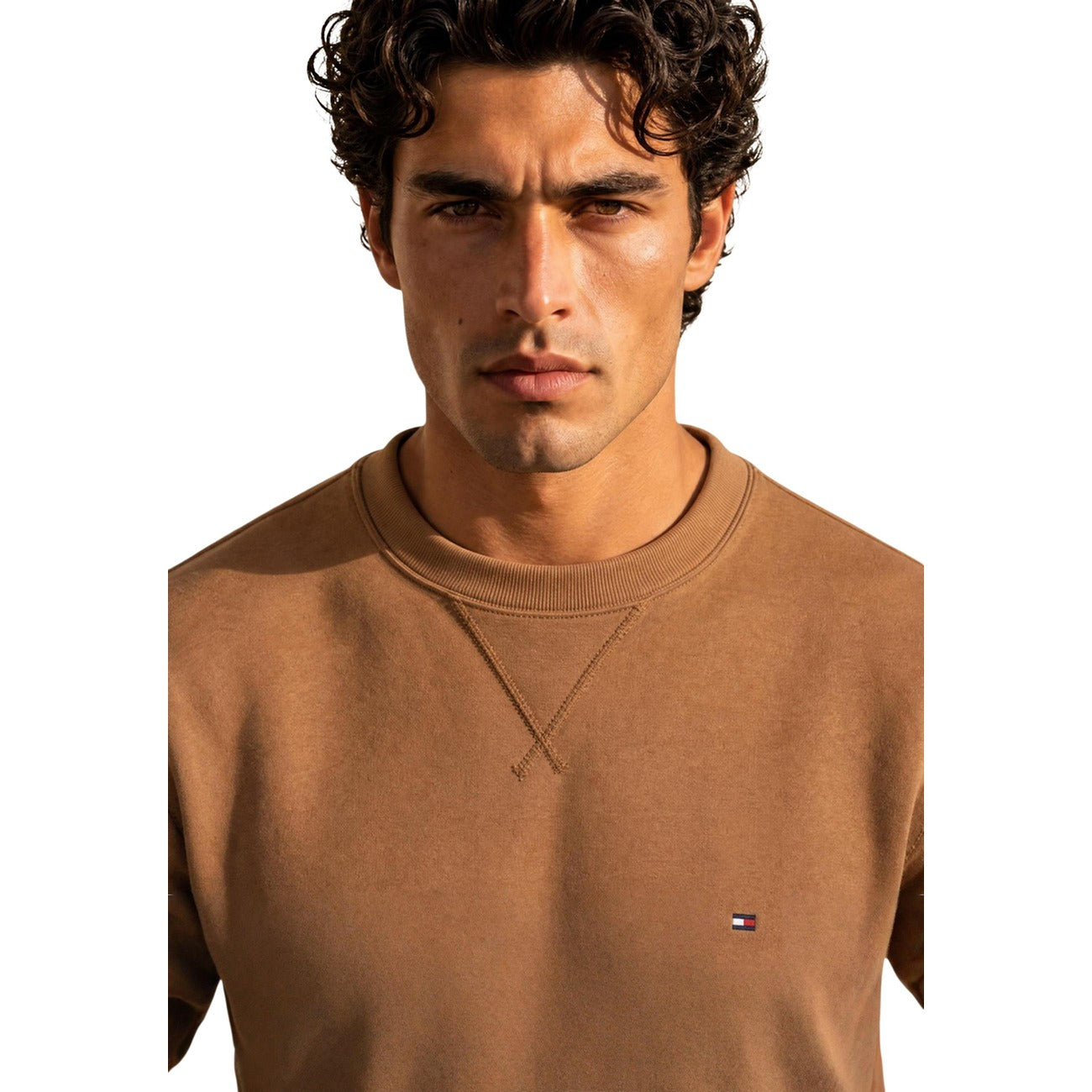 Felpa Tommy Hilfiger uomo girocollo marrone e verde MW0MW40000. Felpa pesante in misto cotone felpato con scollo tondo, finiture a costine e piccolo logo flag Tommy Hilfiger sul petto, abbigliamento casual uomo autunno inverno.