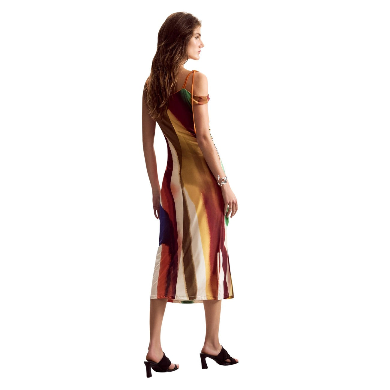 Abito a spalline, con scollo multiposizione, arricciato sul fianco con laccetto regolabile e stampa astratta a righe di M. Christian Lacroix. Vista posteriore retro 