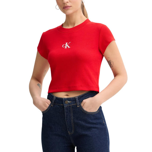 T-shirt corta a coste Calvin Klein Monogram; colore Rush, 95% cotone, 5% elastan. Taglio slim crop, stile Baby Tee. Vista frontale