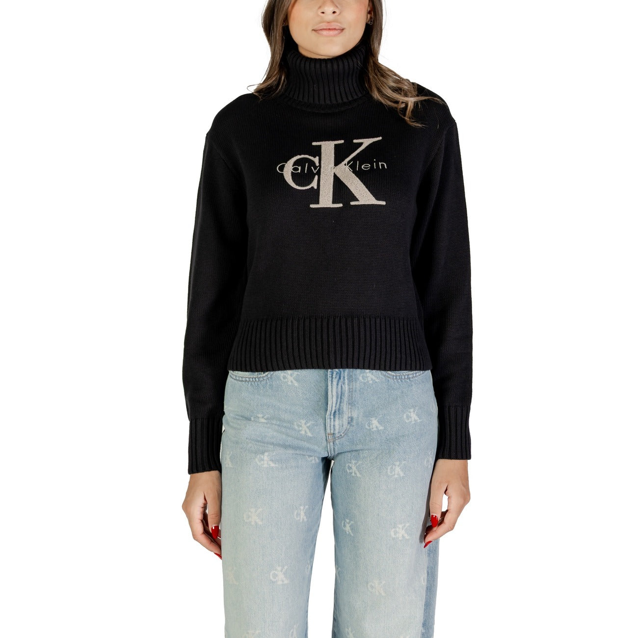 Calvin Klein Jeans Maglia Donna Bianca con Stampa Maniche Lunghe Scollo Alto - Maglia Acrilico Cotone