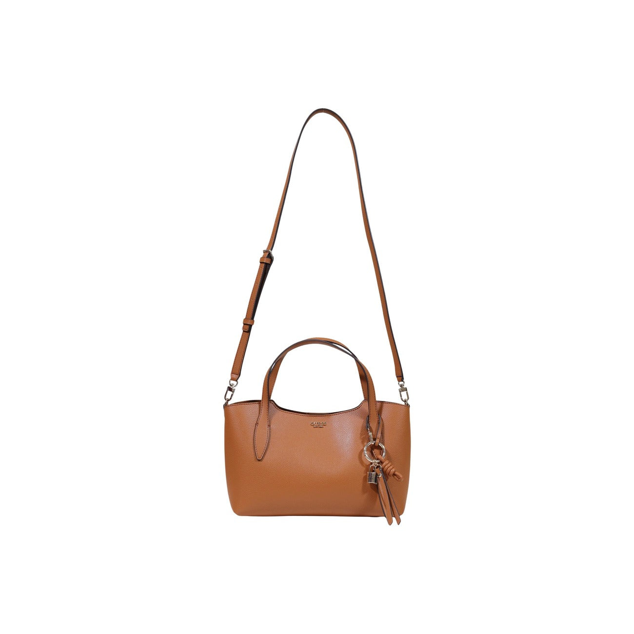 Borsa Satchel Grande Donna Beige Guess Lucci; Struttura 100% poliuretano martellato con chiusura a zip e doppi manici. Tracolla rimovibile, logo metallico frontale e ciondolo con mini lucchetto, stile casual mezza stagione. Vista con tracolla 
