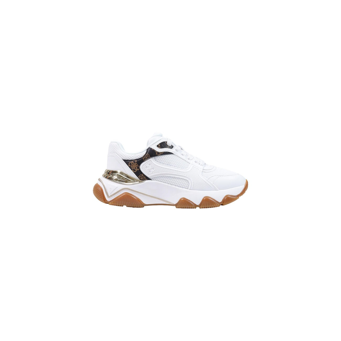 Sneakers Runner Donna Bianche Guess Mazzy; Tomaia stampata con logo 4G e scritta logo frontale. Fodera interna in tessuto e suola flessibile in miscela di gomma con altezza tacco 1 cm, stile casual essentials 4 stagioni. Laterale 