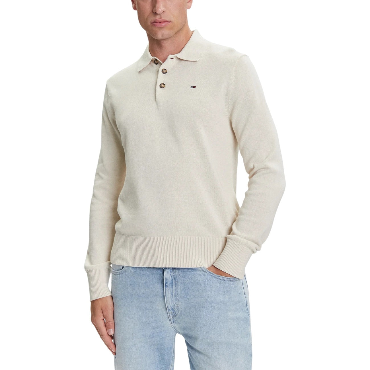 Tommy Hilfiger Jeans Polo Uomo Beige con Bottoni Maniche Lunghe Colletto Polo - Polo Cotone Organico Scollo Tondo