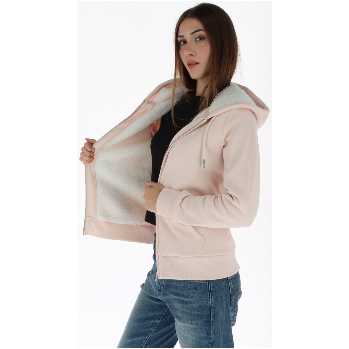 Felpa rosa con zip e cappuccio donna Superdry – Felpa foderata in pelliccia Borg W2012781A.