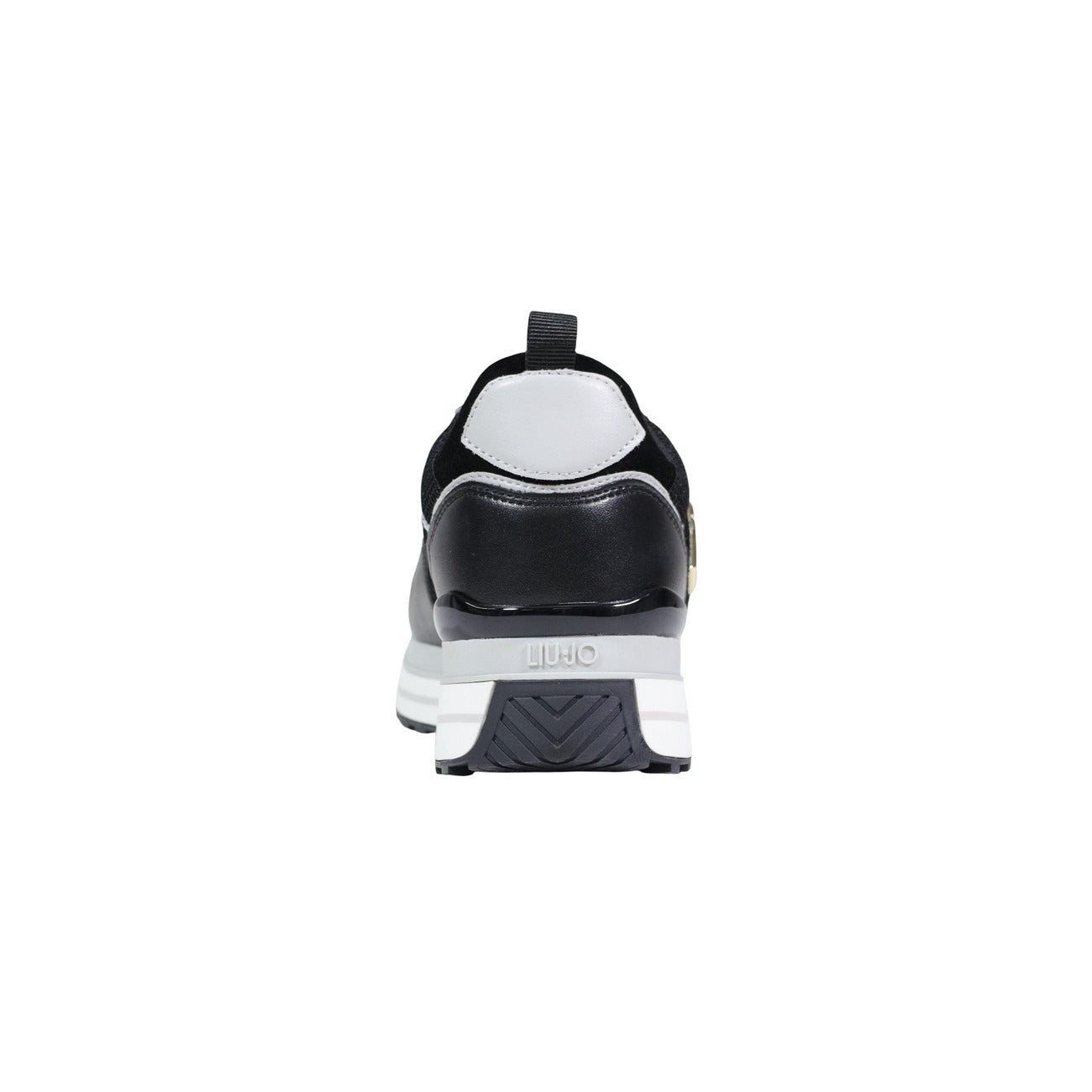 Sneakers Liu Jo Maxi Wonder 01; Nero con Paillettes. Pelle, suede e mesh tecnico. Suola platform 4,5 cm, logo LJ metallico, spoiler lucido. Stile glamour-sportivo Primavera/Estate. Vista posteriore 
