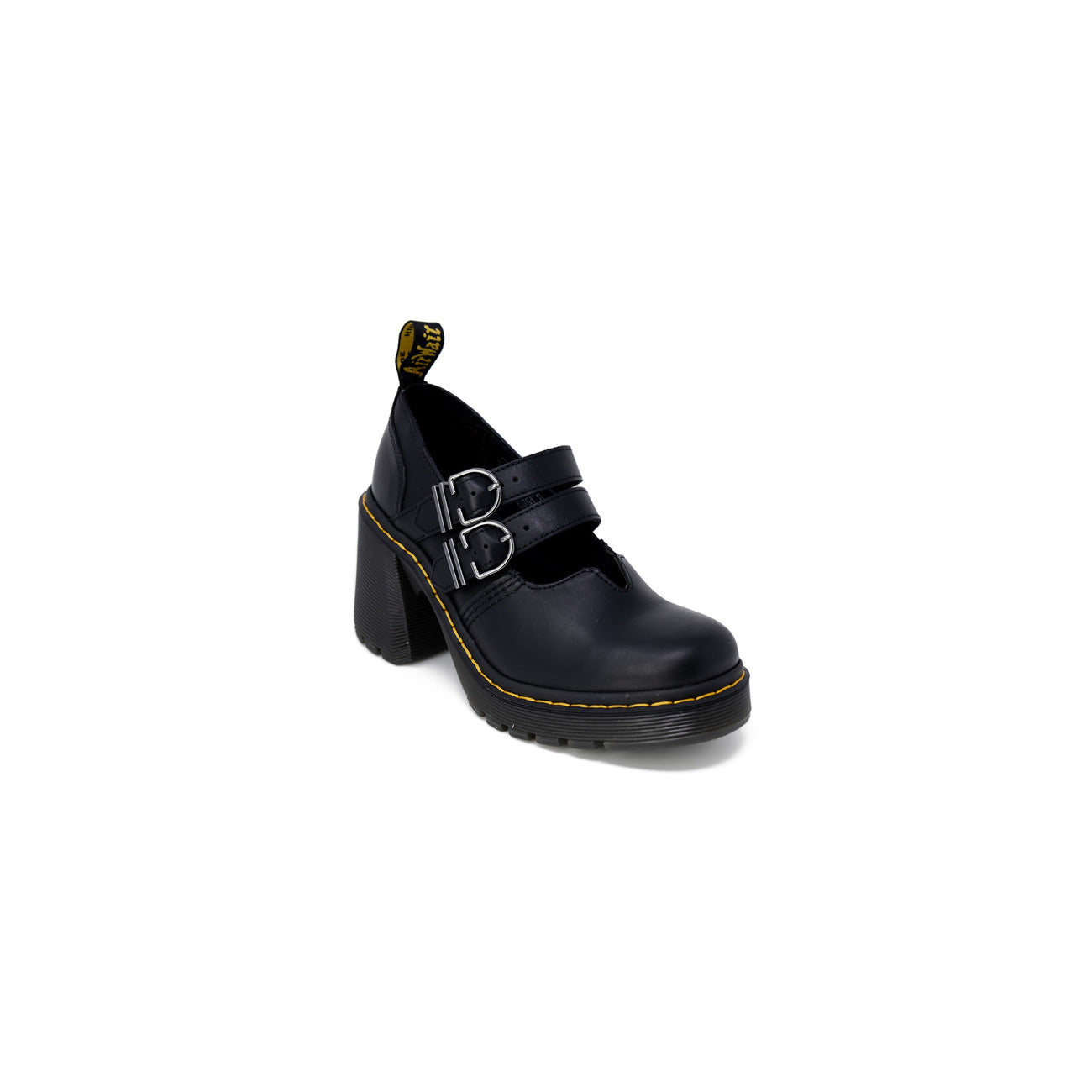 Scarpe stringate Dr. Martens EVIEE SENDAL con tacco in pelle donna nere con fibbia tacco largo punta tonda 100% pelle - vista laterale frontale 