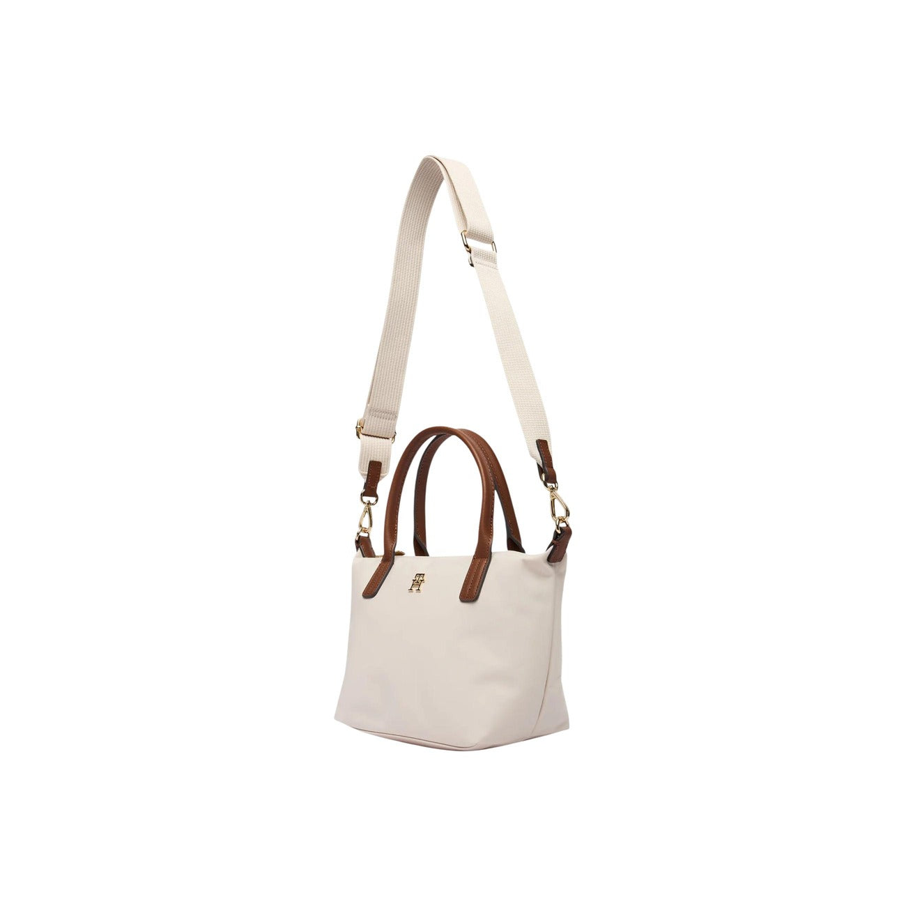 Borsa Tommy Hilfiger Nylon Monogram Tote; Chiusura con zip, tracolla rimovibile, placchetta TH dorata. Materiale leggero e resistente, capienza 7 l. Design iconico e funzionale. Colore bianco vista Con tracolla