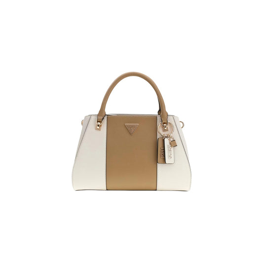 Borsa a Mano Beige Donna Guess Noelle II Satchel; Dimensioni piccole con scomparti multipli, cerniera lampo e texture Saffiano. Doppi manici e metalleria oro, stile casual-elegante.