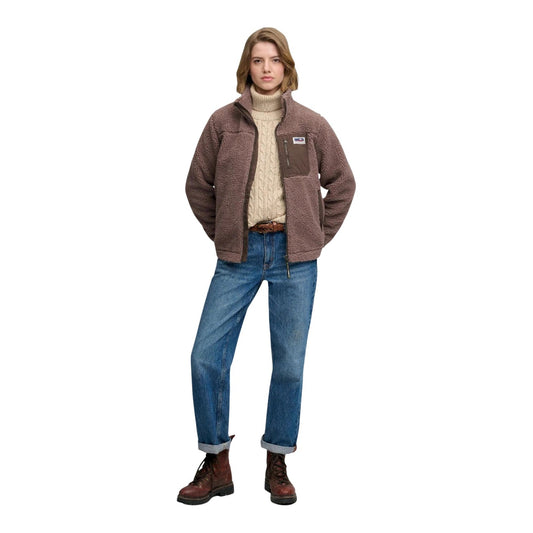 Felpa pile teddy donna Superdry Heritage Fleece SDW2012736A marrone e bianco. Giacca in pile morbido 100% poliestere con zip frontale, collo alto, tasche funzionali ed etichetta logo sul petto.