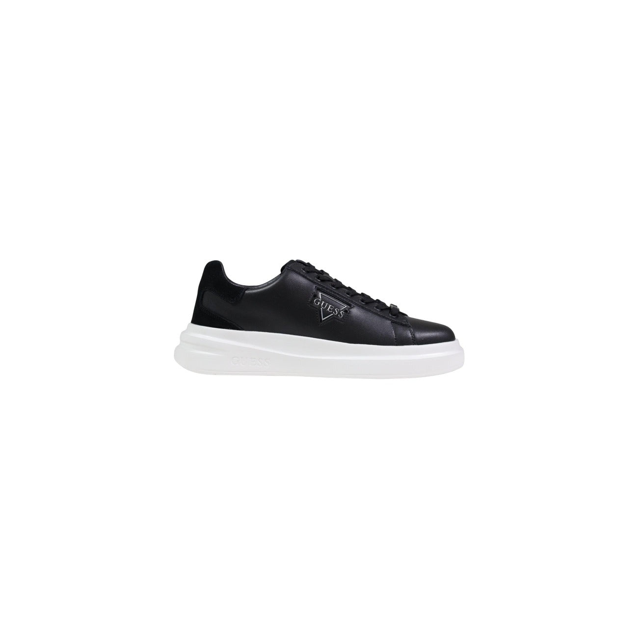 Sneakers Guess Elban; Nero, Mix Poliestere/Suede. Logo in rilievo, suola 3 cm, calzata leggera e resistente. Scarpa 4 stagioni, stile urban sofisticato. Vista laterale 