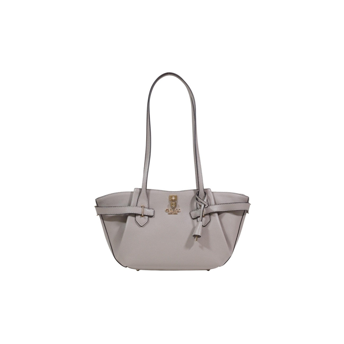 Borsa Satchel Guess Yesba; 100% Poliuretano Grigio. Design a bauletto, metalleria dorata, chiusura con zip. Borsa donna ampia (40 cm) e strutturata. Vista frontale 