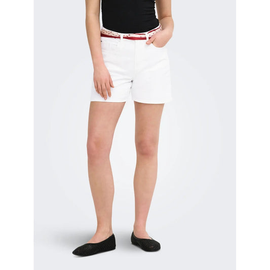 Bermuda Jeans Donna Only; Pantaloncino lungo a vita alta in puro cotone denim con orlo risvoltato e passanti per cintura. Modello cinque tasche, stile casual e sportivo per la primavera e l'estate. Bianco / white denim vista Frontale 