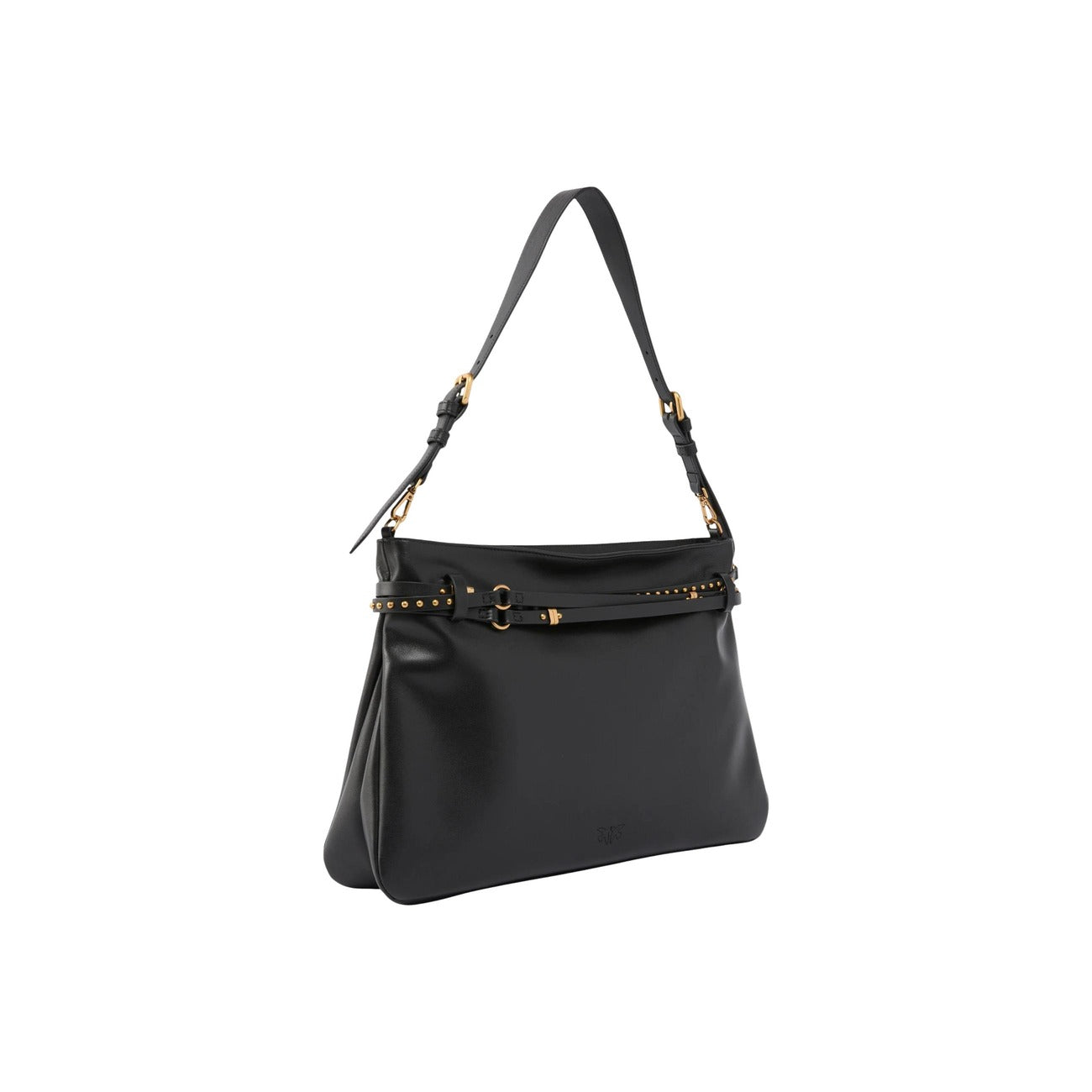 Borsa Pinko Belt Bag Big; 100% Pelle di vacca. Dettagli con cintura multi-giro, borchie e logo Love Birds. Doppia portabilità (spalla/crossbody), chiusura con zip. Design piatto a trapezio, stile unico. Vista apertura 
