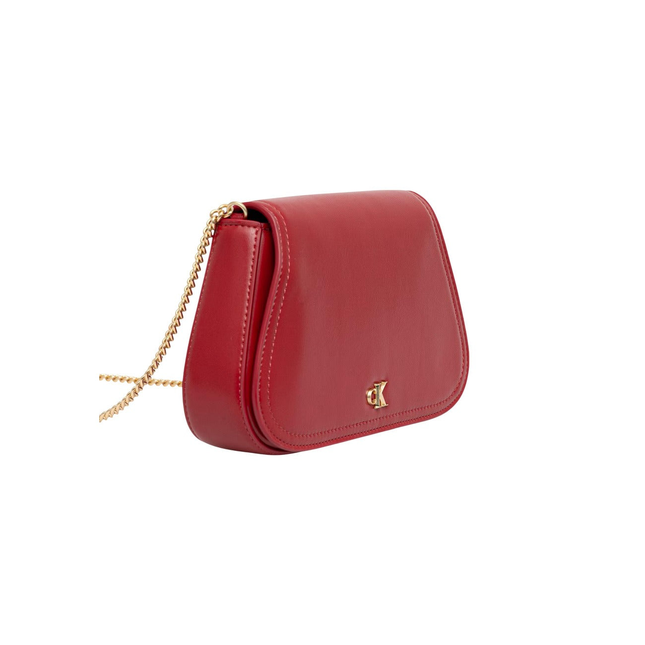 Pochette Calvin Klein rossa con catena CK Curved On Chain LV04F1153G. Mini bag da sera rossa da donna con logo monogramma CK dorato, tracolla a catena oro e chiusura zip, borsa elegante e sostenibile 4 stagioni.