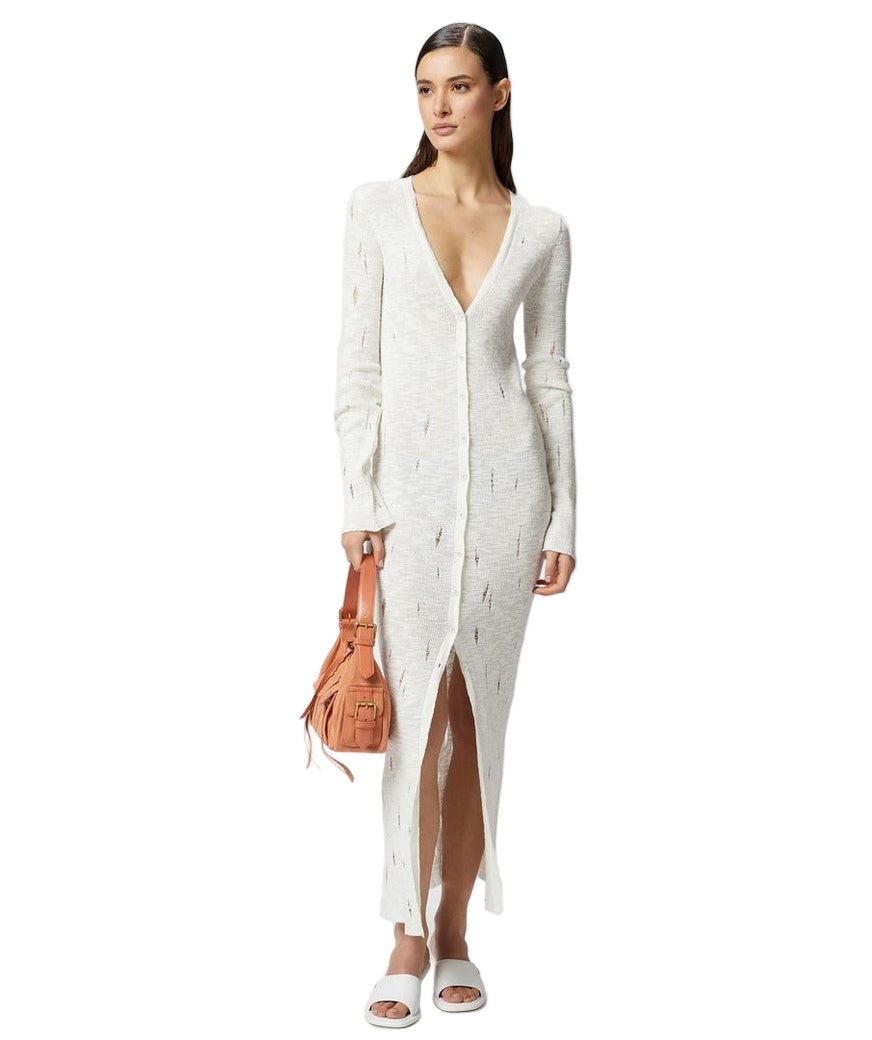 Pinko Abito Lungo Donna Bianco con Bottoni Maniche Lunghe Scollo V - Abito Cotone Nylon