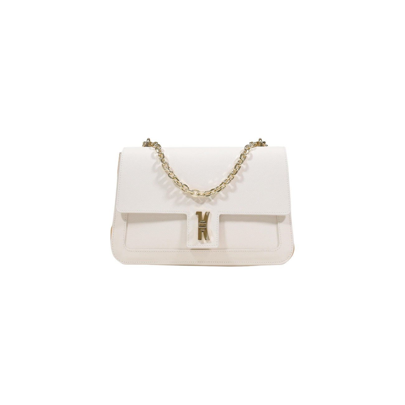 Borsa bianca/beige a tracolla Alviero Martini LF02 con catena dorata, chiusura magnetica a patta e dettaglio Geo Classic; piccola borsa a spalla in materiale tecnico resistente.