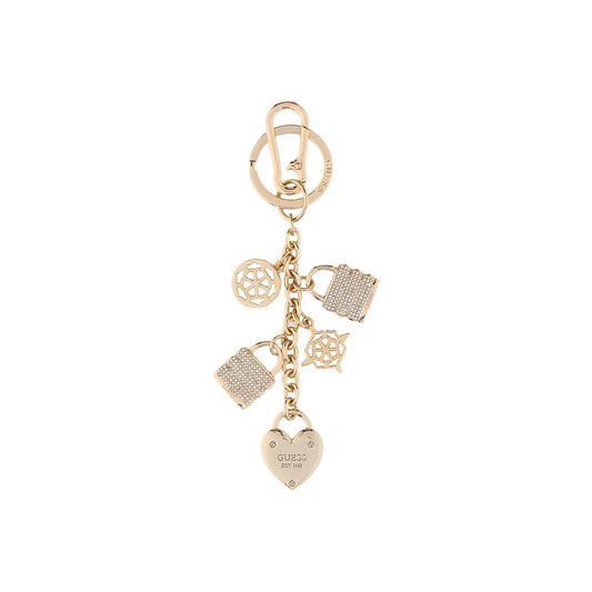 Portachiavi Dorato Donna Guess; 100% metallo lucido. Charm pendenti a cuore e lucchetto con micro-cristalli e incisione logo. Doppio aggancio con anello e moschettone, stile casual-luxury 4 stagioni. Vista frontale 