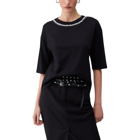 T-shirt Liu Jo donna nera manica corta scollo tondo con applicazioni 95% viscosa 5% elastan - vista frontale indossata da modello figura intera