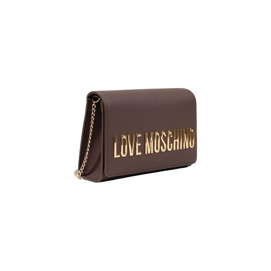 Borsa Love Moschino donna marrone a tracolla modello JC4103PP. Borsetta piccola color marrone cioccolato con catena oro e logo metallico dorato sul davanti, stile elegante, casual chic e da sera o giorno.