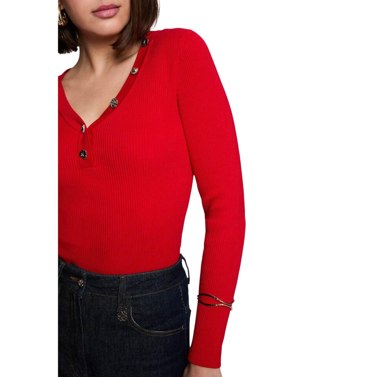 Maglia donna Morgan De Toi rossa – Maglione slim fit a costine con scollo a V 262-MBIZ.
