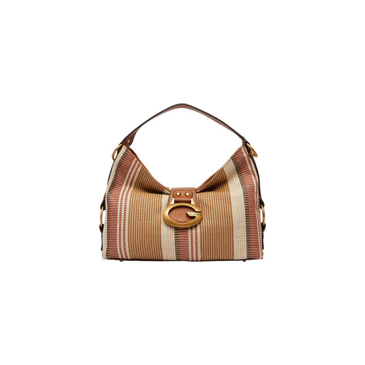 Borsa a Spalla Donna Guess Camden; Beige. Tessuto sintetico e cotone a righe con dettagli in similpelle e metalleria bronzo logata. Chiusura con zip e manico removibile (24 cm). Misure medie e capienti (36x26 cm). Frontale 