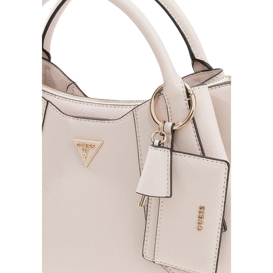 borsa a mano Guess Darcy Girlfriend Satchel in similpelle color pietra. Dettagli logo frontale 