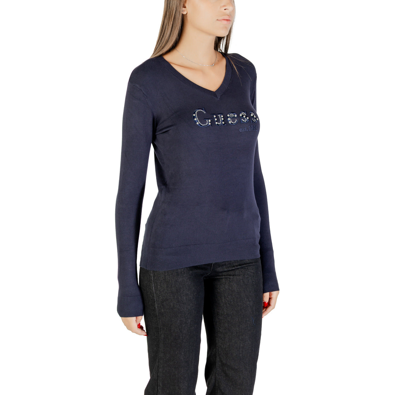 Guess Maglia Donna Blu con Strass Maniche Lunghe Scollo a V - Maglia Viscosa Poliammide Elastan