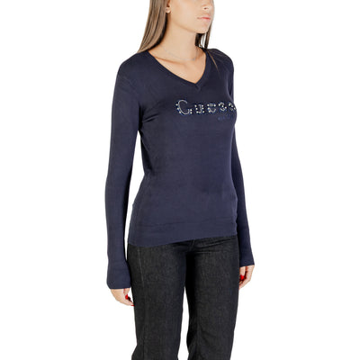 Guess Maglia Donna Blu con Strass Maniche Lunghe Scollo a V - Maglia Viscosa Poliammide Elastan