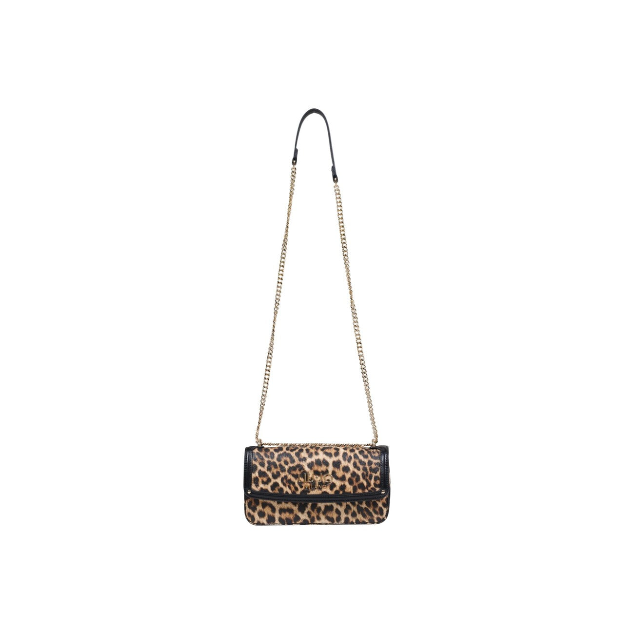 Borsa Liu Jo S Crossbody East/West; 100% Poliuretano Animalier. Tracolla a catena dorata, logo Milano in rilievo, chiusura a zip. Mini bag donna glamour e versatile. Vista con tracolla 