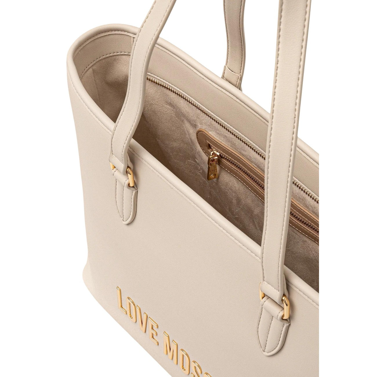 Borsa Love Moschino donna beige grande modello JC4190PP1. Shopping bag tote color beige fango/nude adatta per il lavoro e l'ufficio, con manici lunghi, scomparto ampio e scritte logo in rilievo sul davanti, stile casual chic ed elegante.