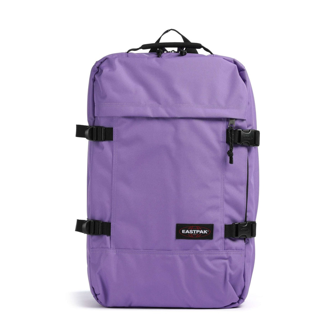 Zaino Borsone lilla Eastpak Travelpack; 51x33x23 cm. 100% poliestere idrorepellente, doppio scomparto con zip e tasca laptop 17". Spallacci e manici a scomparsa, ideale come bagaglio a mano