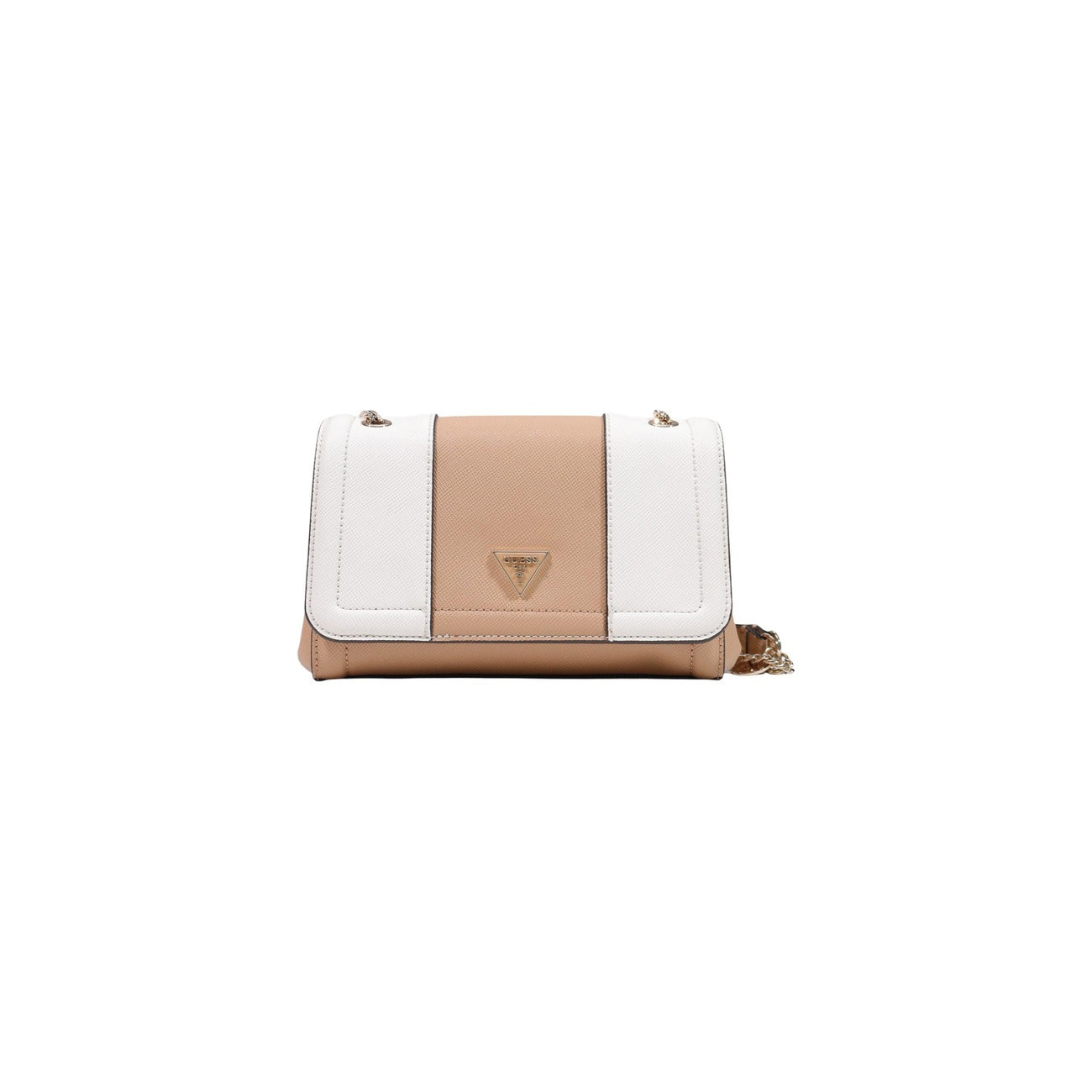 Borsa Crossbody Bianca Donna Guess Noelle II; Misure 23x16x8 cm. Tessuto 100% bianco/rosa, chiusura con patta e tracolla a catena convertibile. Logo frontale in rilievo, stile elegante e casual 4 stagioni. Frontale 