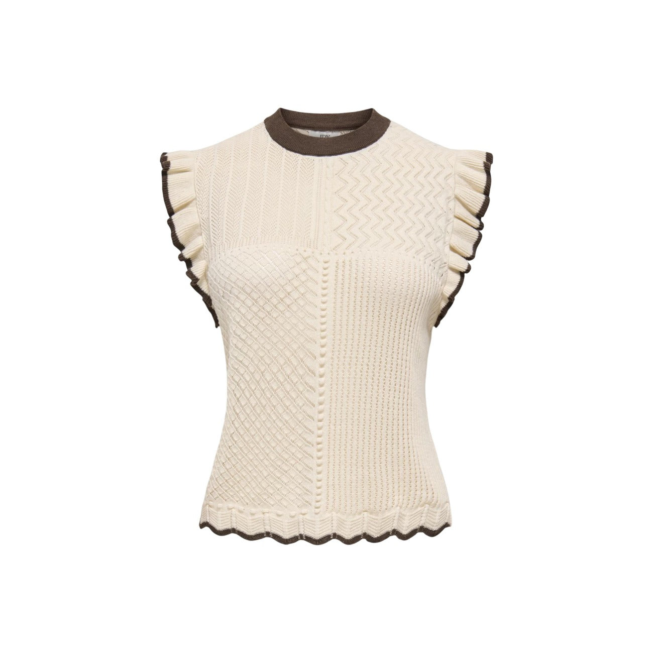 T-shirt maglia beige JDY Jacqueline De Yong 15359375. Top estivo in cotone lavorato a maglia piatta con motivo geometrico beige, girocollo e dettagli volant sulle maniche, maglietta donna casual chic primavera estate.