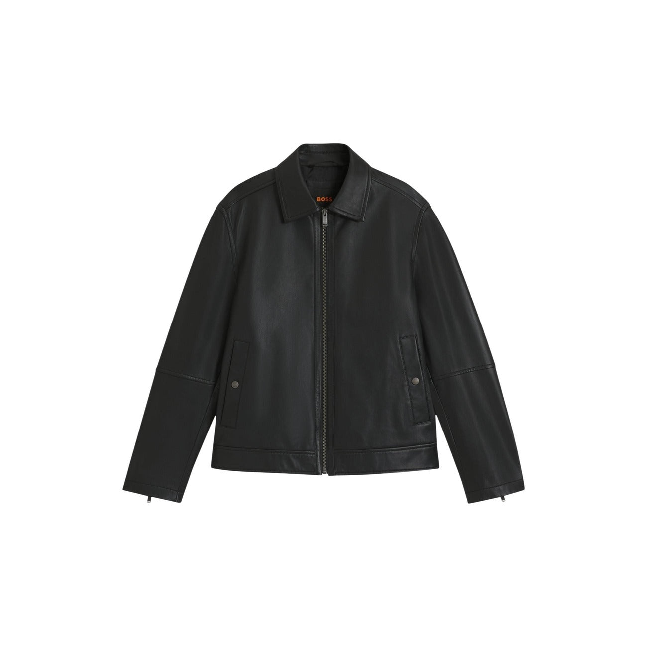 giubbotto in pelle regular fit BOSS Uomo con chiusura con zip, di colore nero. 
Vista frontale stesa 