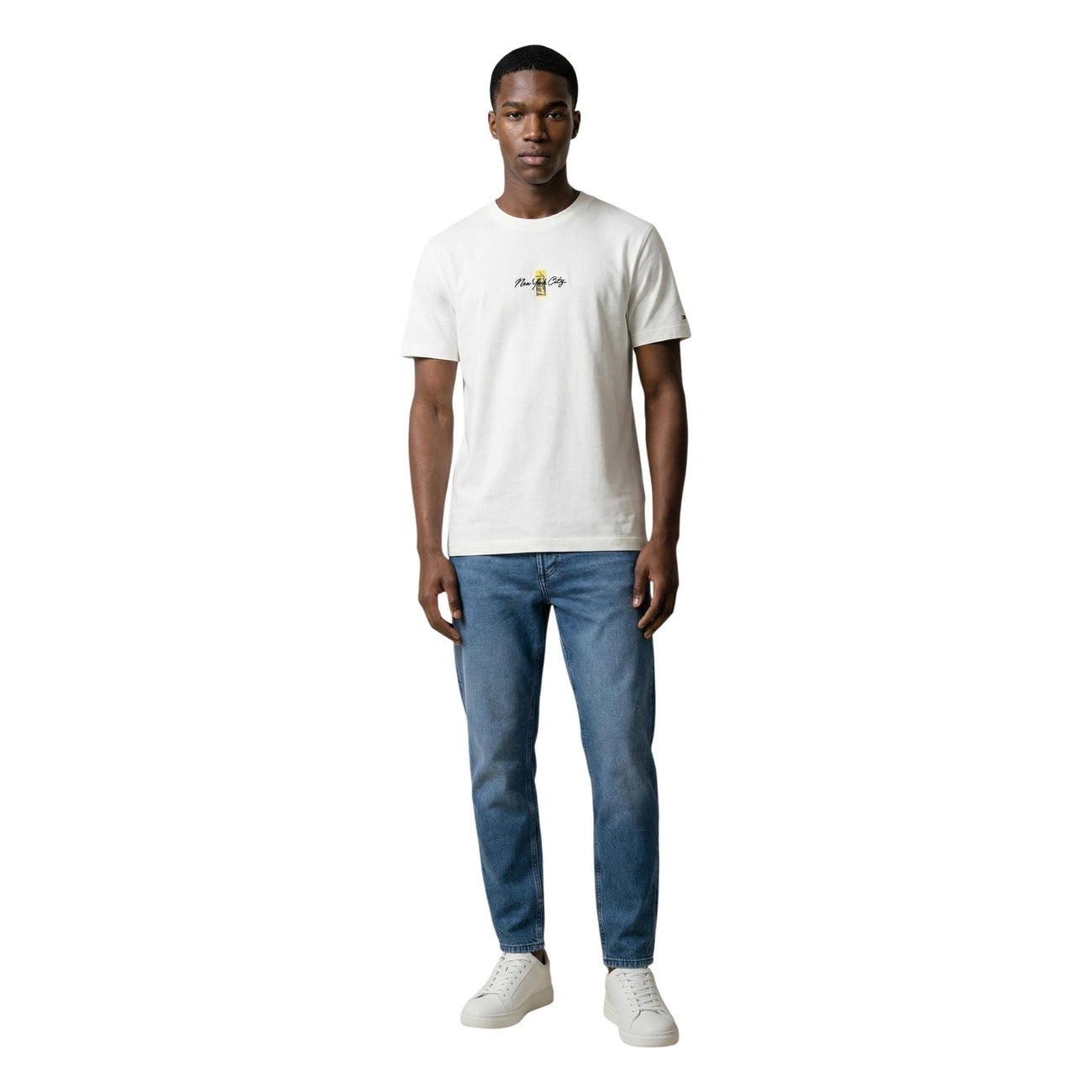 Tommy Hilfiger Jeans T-Shirt bianca con stampa SIGN BLOCK TEE maniche corte Uomo vista frontale figura intera 