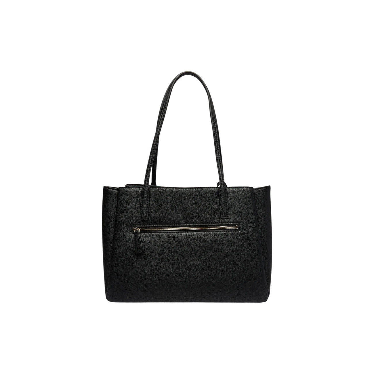 Borsa Shopper Grande Donna Guess Isola; Nero. 100% Ecopelle strutturata, chiusura con zip, doppi manici a spalla, tasca sul retro e charm oro. Silhouette svasata e capiente (40x28 cm), stile elegante-casual. Posteriore 
