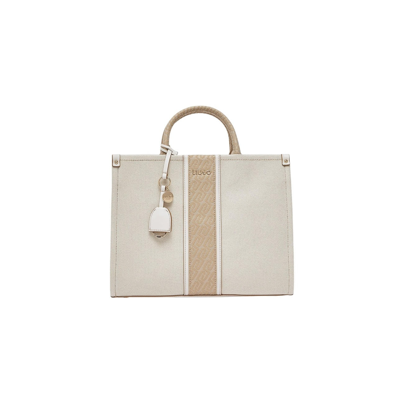 Borsa Liu-Jo M TOTE in cotone; dettagli monogram in rilievo, finiture dorate, manici intrecciati. Ampia, versatile e chic. Vista frontale 