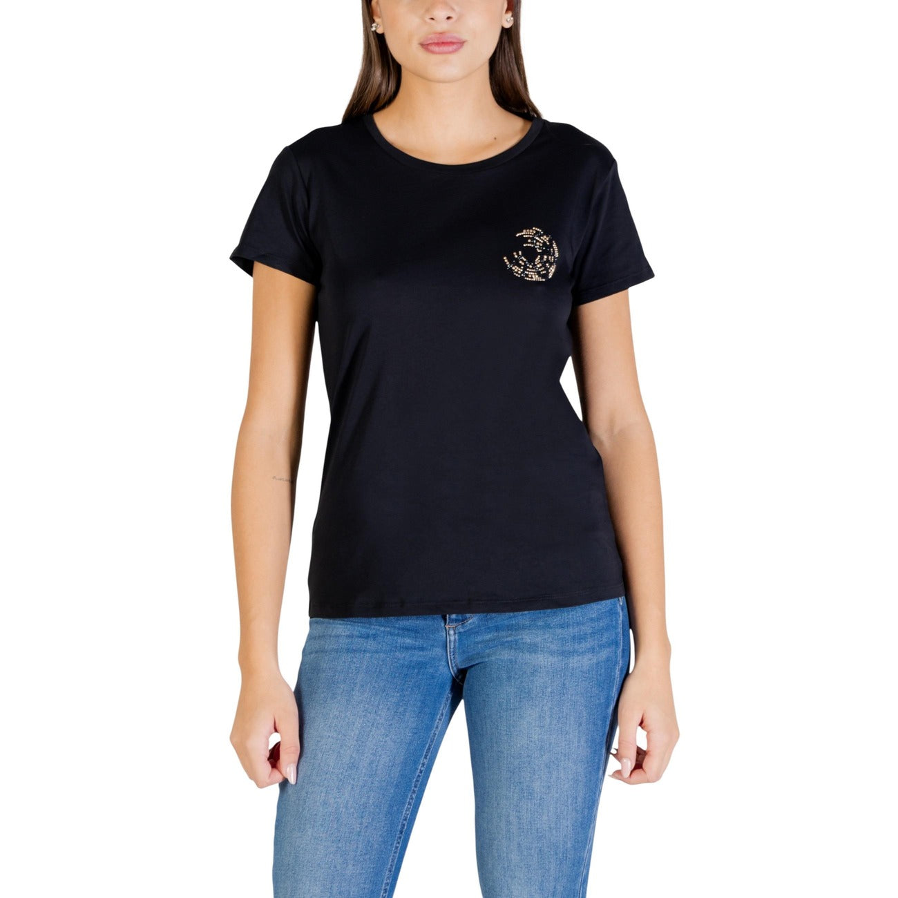 Liu Jo T-shirt Logo Jewel; 100% cotone, applicazioni luminose, vestibilità regolare. L'essenziale prezioso per il guardaroba femminile. Colore nero. Vista frontale 