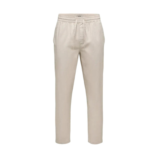 Only & Sons Onsreid Linus Tapered Slub; 98% cotone, 2% elastan, taglio tapered, coulisse in vita. Il pantalone versatile per un outfit quotidiano curato. Colore beige vista frontale 