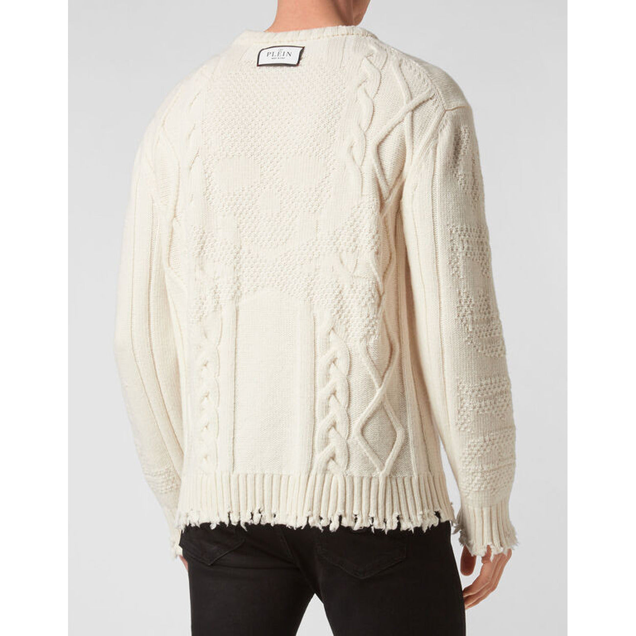 Philipp Plein Maglia Uomo Bianca Effetto Strappato Maniche Lunghe Scollo Tondo in Lana 100% Autunno/Inverno EBO_2035