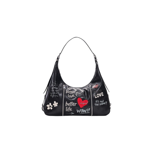 Borsa a spalla grande nera donna Desigual con stampe – Shoulder bag effetto pelle con ciondolo cuore Desigual 26WAXPA32000U.