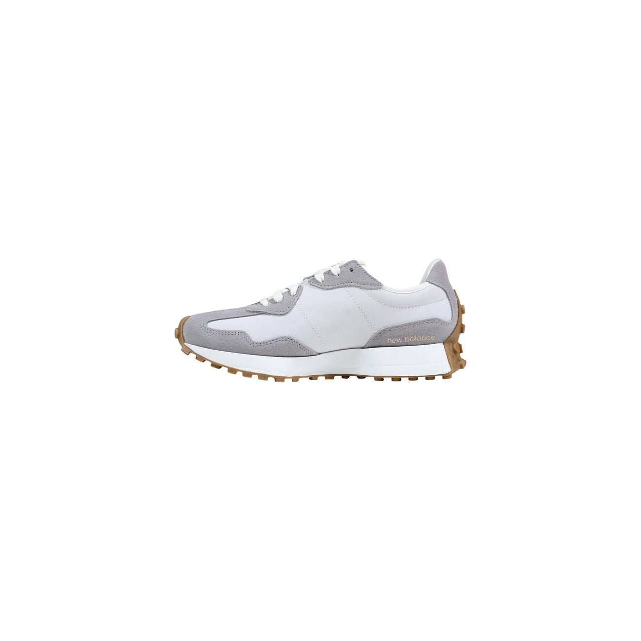 sneaker New Balance 327 da donna in pelle scamosciata e mesh grigio chiaro con un logo "N" metallizzato color oro. 
Vista laterale 