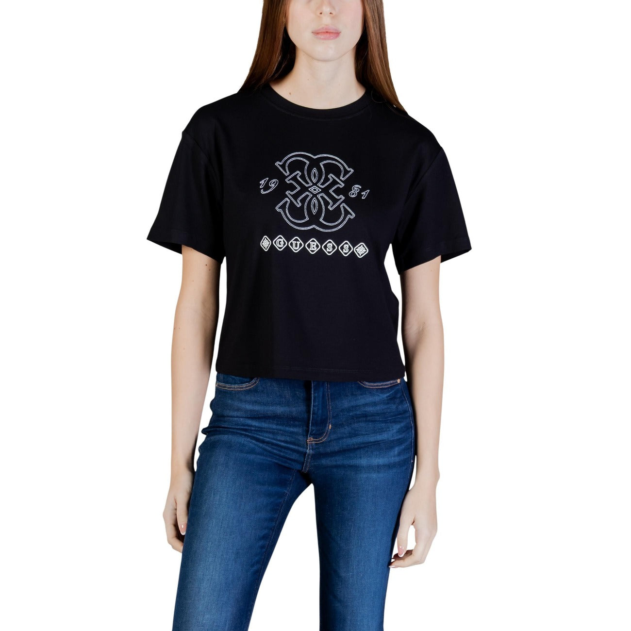T-shirt donna Guess Active modello GABI nera in viscosa 96% a maniche corte con stampa e scollo tondo
