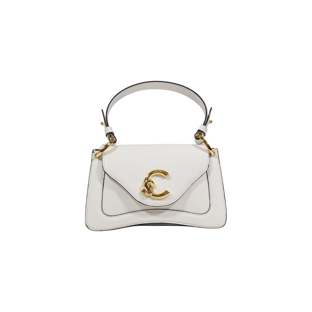 Coccinelle C-Me White Edition; borsa strutturata in pelle calf bianca con logo gold a contrasto. Eleganza luminosa per cerimonie e look estivi ricercati. Vista frontale 