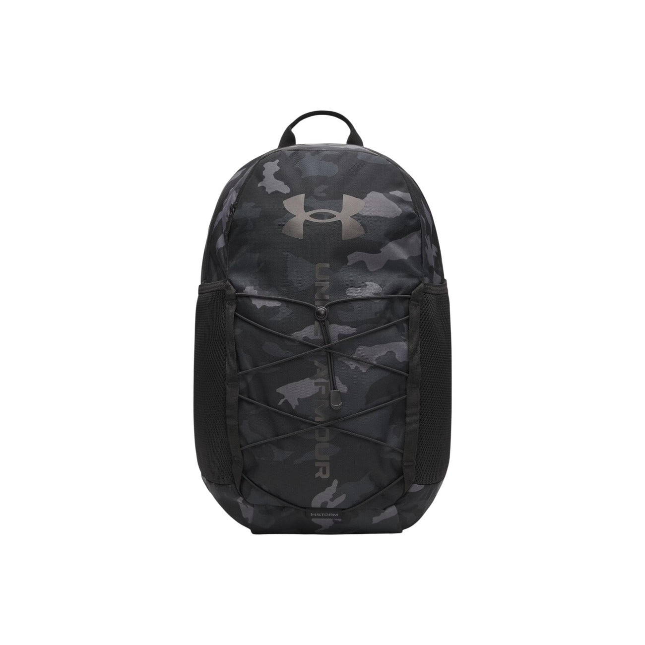 Zaino Uomo nero/Grigio Under Armour Hustle Sport 6.0; Struttura 100% poliestere resistente con chiusura a zip e logo frontale. Sistema elastico porta-accessori, tasche laterali in rete e spallacci comfort regolabili, stile sportivo 4 stagioni.