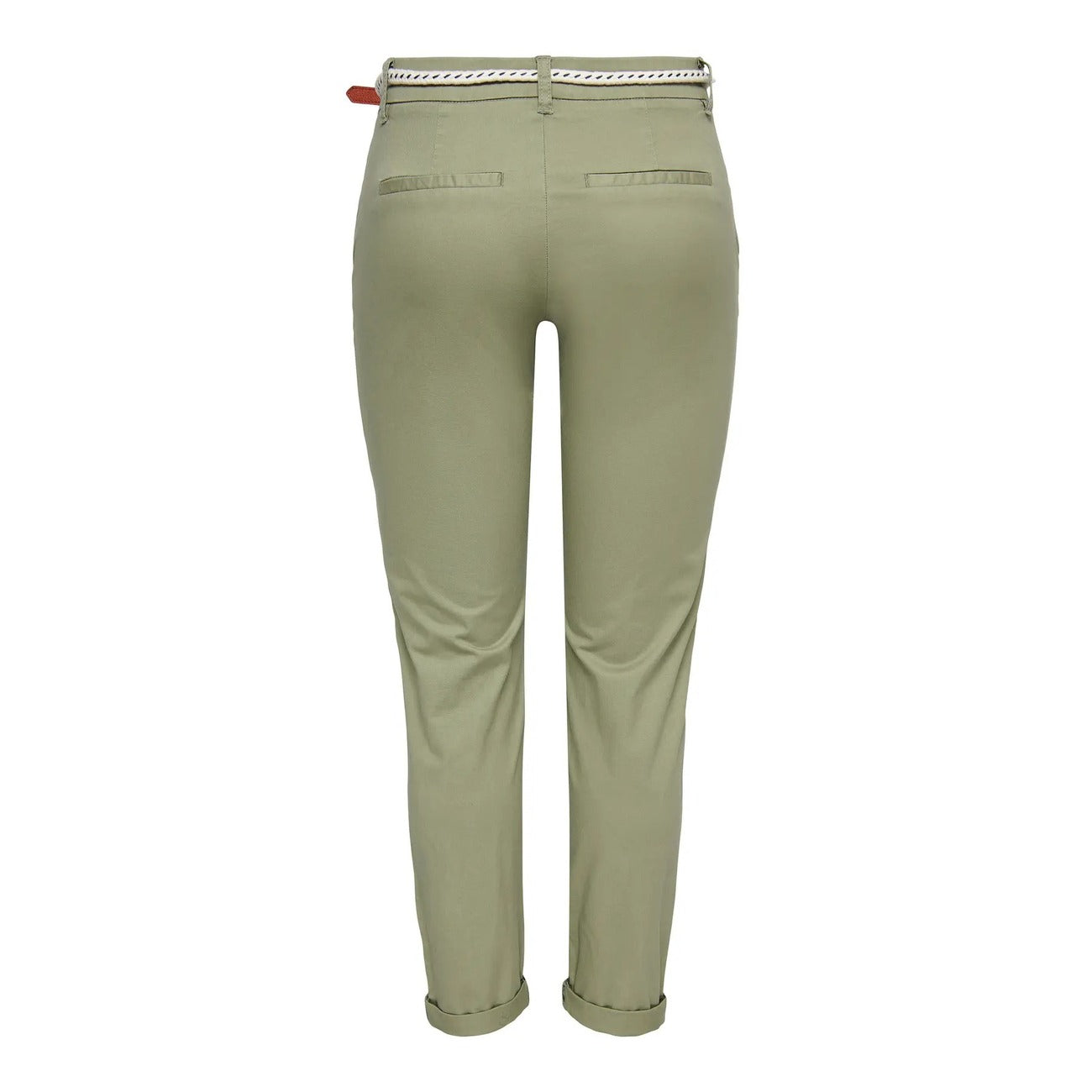 Pantaloni estivi dritti regular fit in cotone elasticizzato verde aloe con vita media, cintura e tasche anteriori, pantaloni casual chic primavera estate.