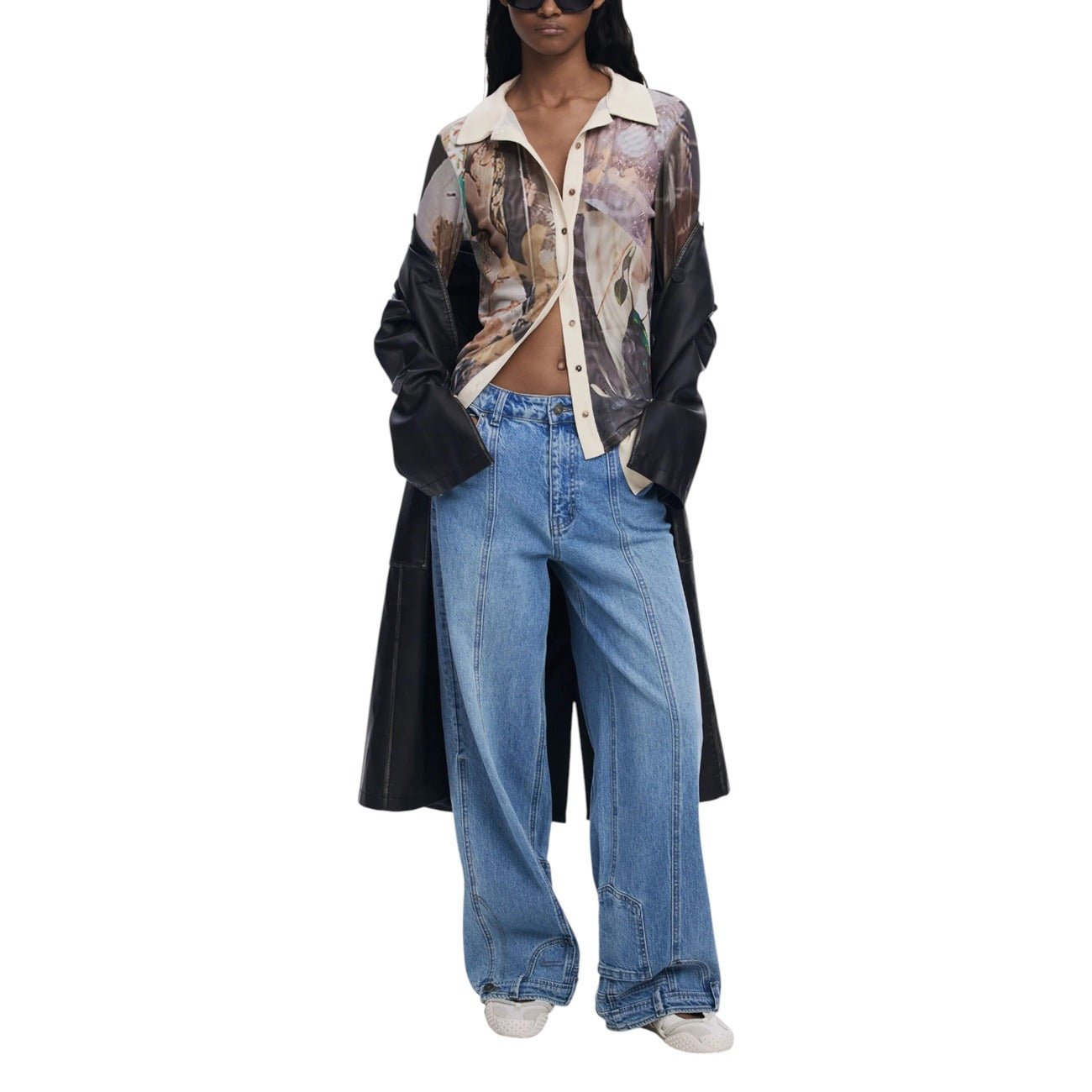 Desigual Camicia Donna Beige Floreale Manica Lunga Bottoni Colletto Classico - Camicia Poliestere Elastan