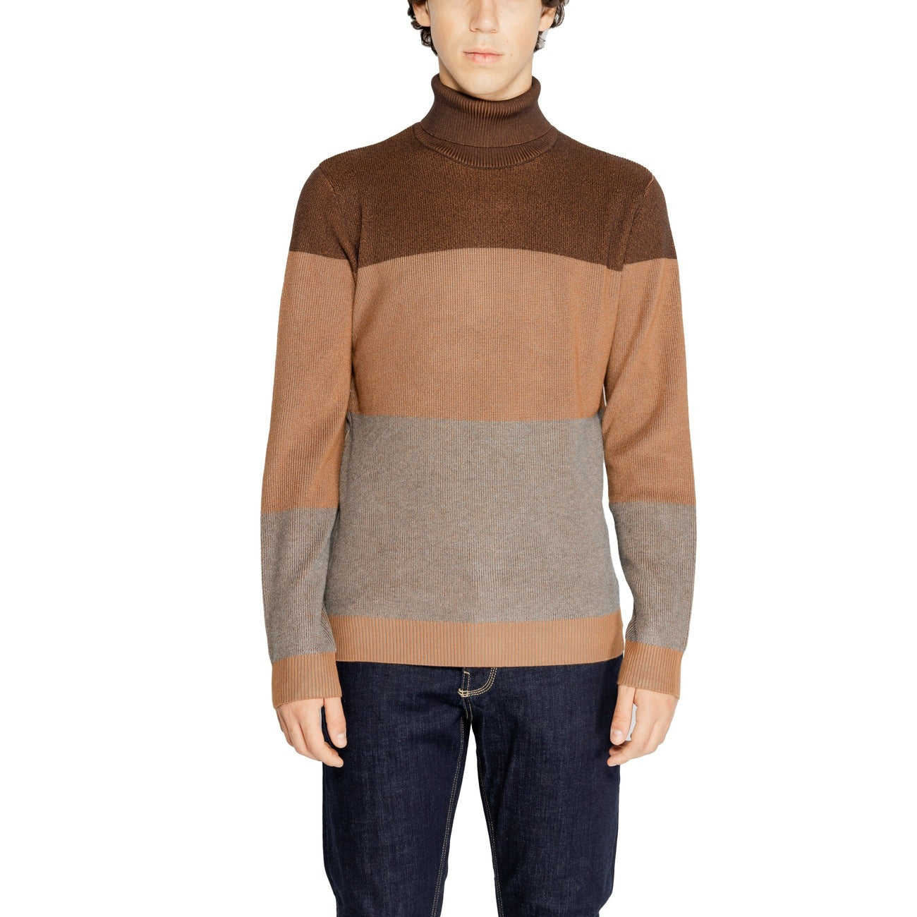 Hamaki-ho Maglia Uomo Marrone a Righe Collo Alto Manica Lunga Autunno Inverno MI3108H